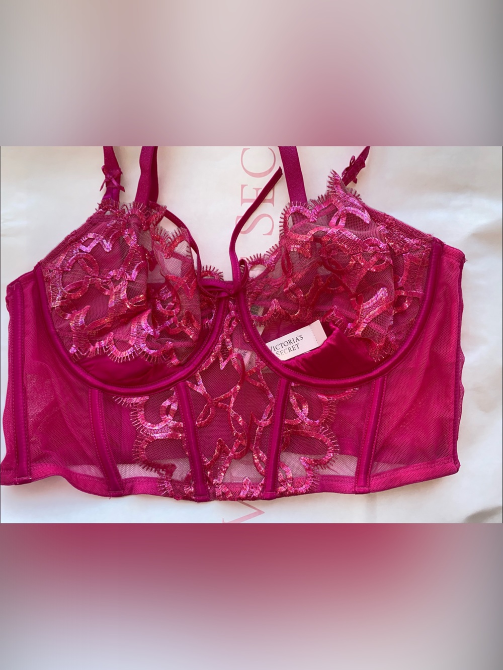 Victoria's Secret Fuchsia Embroidered Longline Lace Bra